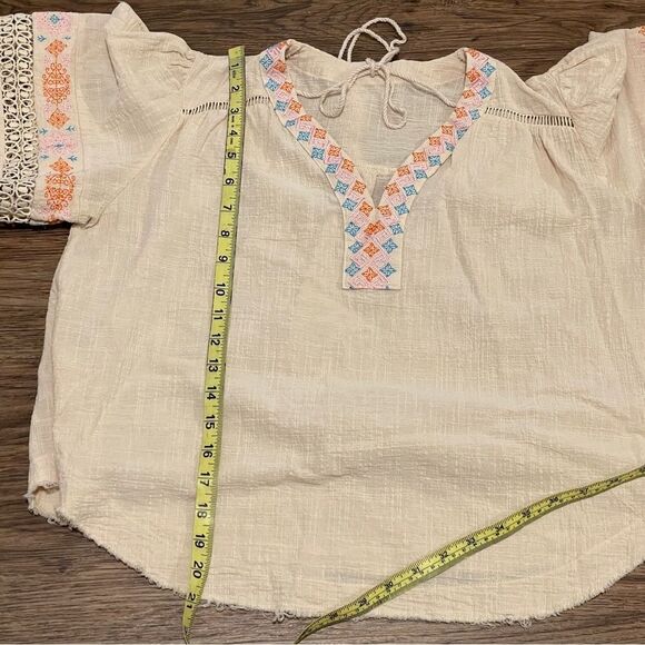 Beige Tassel Drawstring Boho Chic Embroidered Half Sleeve V Neck Top Size M - Picture 12 of 15